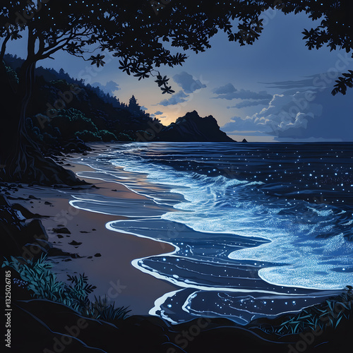 A beach at dusk with bioluminescent waves glow