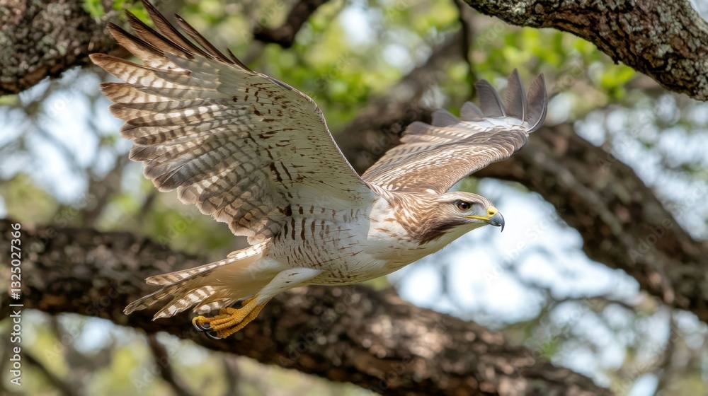 Fototapeta premium Red-shouldered Hawk in Flight Above Tree Branches