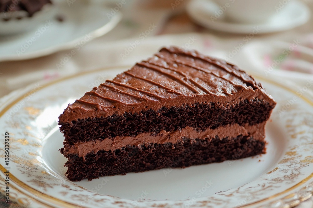 A slice of rich chocolate cake with smooth frosting sits on a decorative plate in a warm cafe. The inviting ambiance complements the dessert, perfect for a sweet treat A slice of rich chocolate cake with smooth frosting sits on a decorative plate in a warm cafe. The inviting ambiance complements the dessert, perfect for a sweet treat