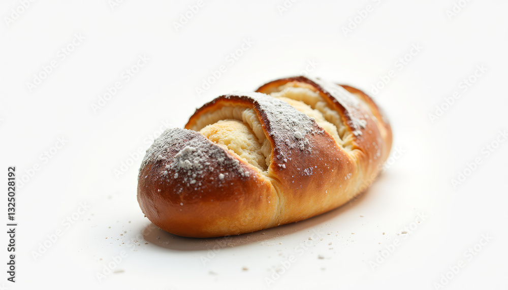 Sweet brioche bun with powdered sugar on white background Sweet brioche bun with powdered sugar on white background