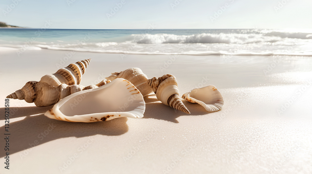 A collection of seashells on a sandy beach with ocean waves in the background A collection of seashells on a sandy beach with ocean waves in the background