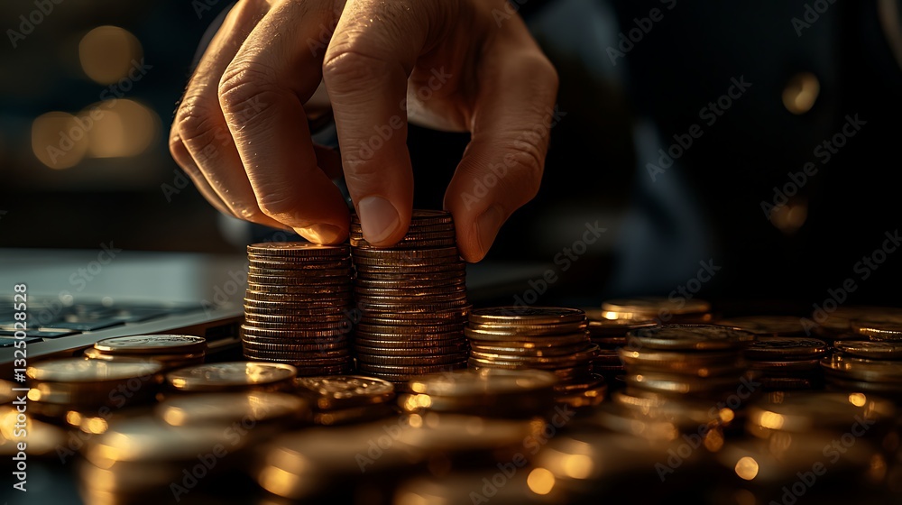 Businessman Analyzing Financial Data on Laptop, A businessman in a suit working on a laptop, surrounded by coins and digital financial data overlays Businessman Analyzing Financial Data on Laptop, A businessman in a suit working on a laptop, surrounded by coins and digital financial data overlays