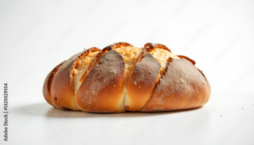 Freshly baked cheese bread with golden crust on white background Freshly baked cheese bread with golden crust on white background