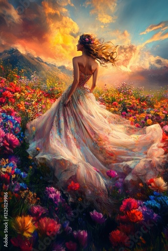 Beautiful woman in elegant long skirt dancing walking in wild flower field in Spring.