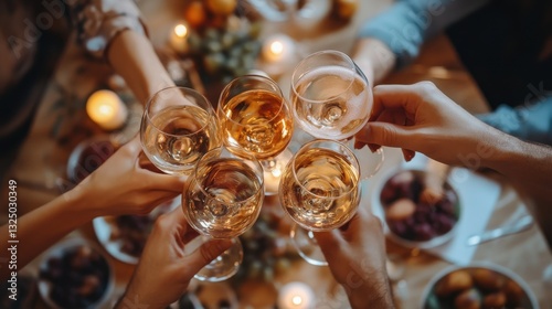Friends celebrating with drinks in a warm, cozy bar during the evening, laughing and enjoying together at a social gathering