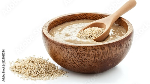 Wooden bowl with tasty tahini and sesame seeds