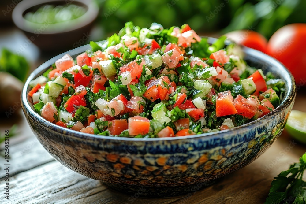 Fresh mixed salad with colorful tomatoes, cucumbers, and greens prepared in a modern kitchen setting Fresh mixed salad with colorful tomatoes, cucumbers, and greens prepared in a modern kitchen setting
