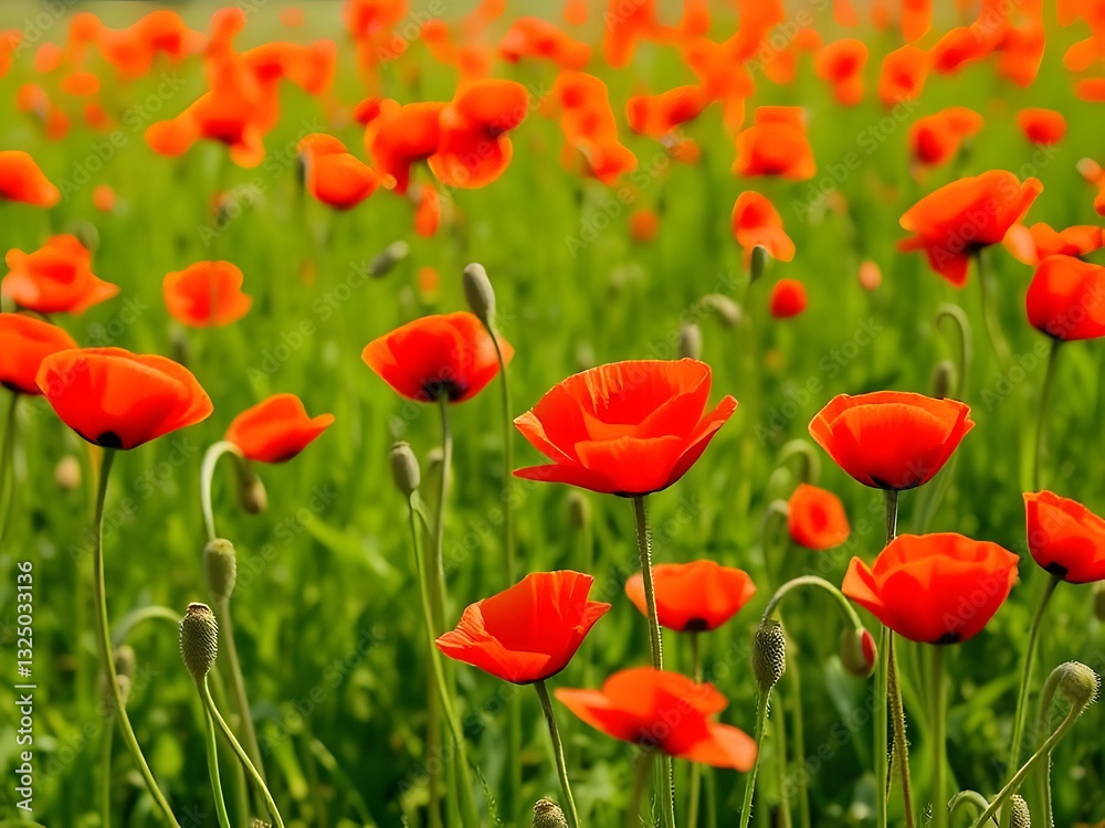 Vibrant Red Poppies Blooming in a Green Field, Summer Flower Landscape, Floral Background, Nature's Beauty. Vibrant Red Poppies Blooming in a Green Field, Summer Flower Landscape, Floral Background, Nature's Beauty.