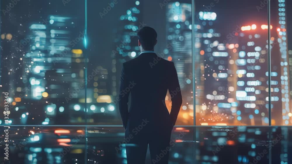 Businessman in suit standing in front of large windows, admiring illuminated cityscape at night, contemplating future opportunities and urban development Businessman in suit standing in front of large windows, admiring illuminated cityscape at night, contemplating future opportunities and urban development