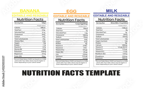 Nutrition facts labels for different food items , Nutrition Facts Label ,Whole milk nutrition facts. , Egg nutrition facts, Banana nutrition facts