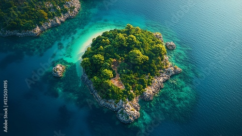 Aerial view of secluded island in turquoise waters