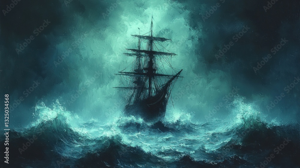 Fototapeta premium A silhouette of a ship sailing through turbulent waters, with towering waves crashing against its hull, under a stormy sky. 