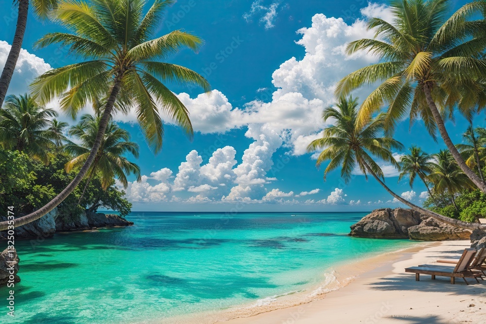 Fototapeta premium Mesmerizing Tropical Beach Vista with Cerulean Waters and Lush Palm Trees for Tranquil Summer Relaxation