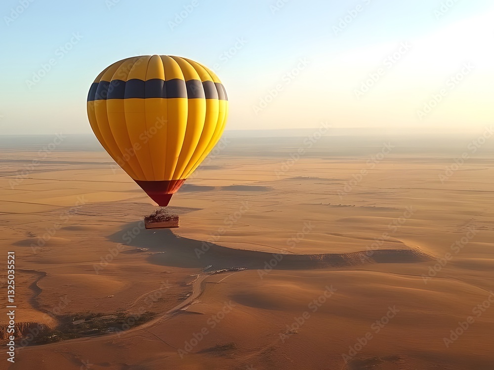 Obraz premium Hot Air Balloon Over Desert Landscape - Adventure Travel, Scenic Flight, Sunrise or Sunset.