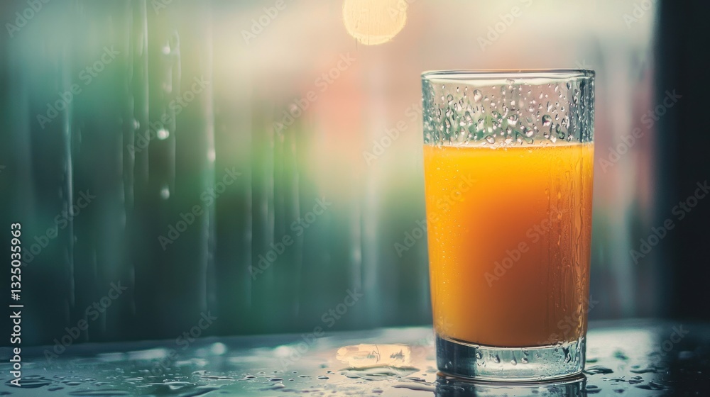 Glass of orange juice on rainy windowsill. Glass of orange juice on rainy windowsill.