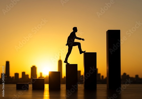 Man Climbing Graphic Bar Steps Towards a City Skyline at Sunset