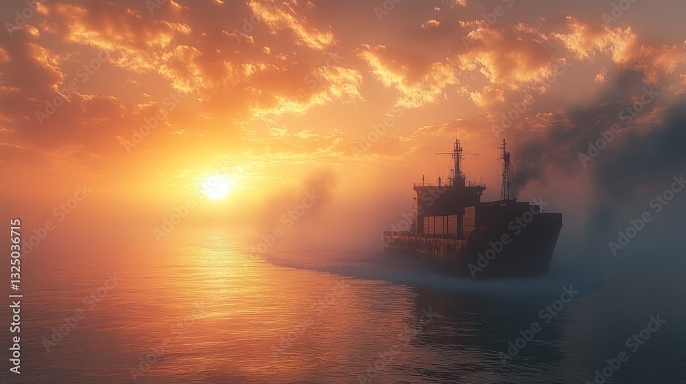 A cargo ship sailing through the ocean, misty sunrise background A cargo ship sailing through the ocean, misty sunrise background