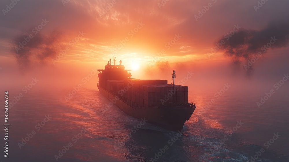 A cargo ship sailing through the ocean, misty sunrise background A cargo ship sailing through the ocean, misty sunrise background