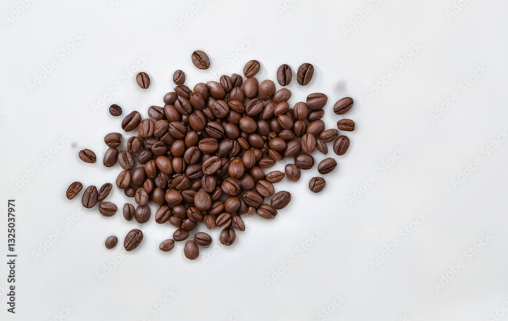 Obraz premium Roasted Coffee Beans Pile on White Background Ready for Brewing