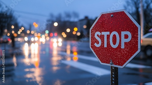 Stop Sign City Traffic Night Rain Safety Warning