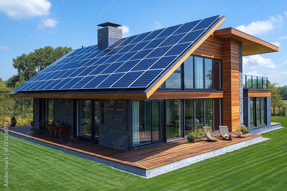 Solar panels enhance energy efficiency of a modern house with lush surroundings Solar panels enhance energy efficiency of a modern house with lush surroundings