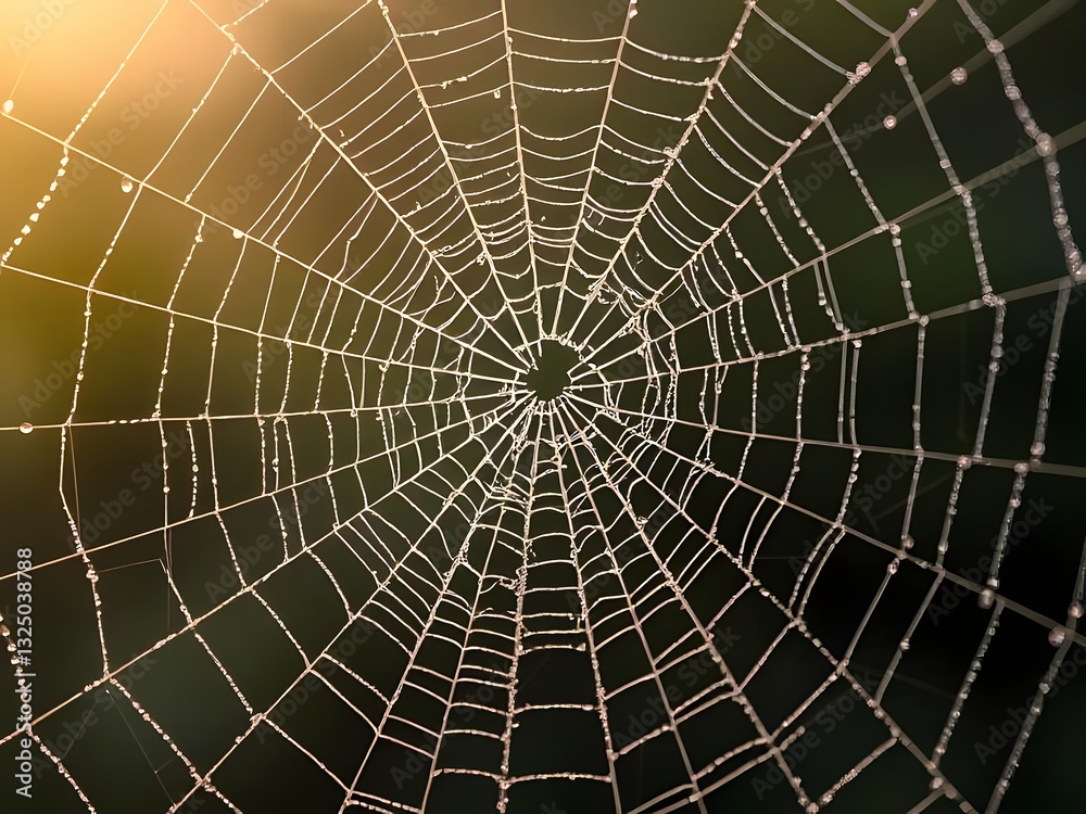 Obraz premium Dew-covered spiderweb close-up against blurred green background, nature's intricate design.
