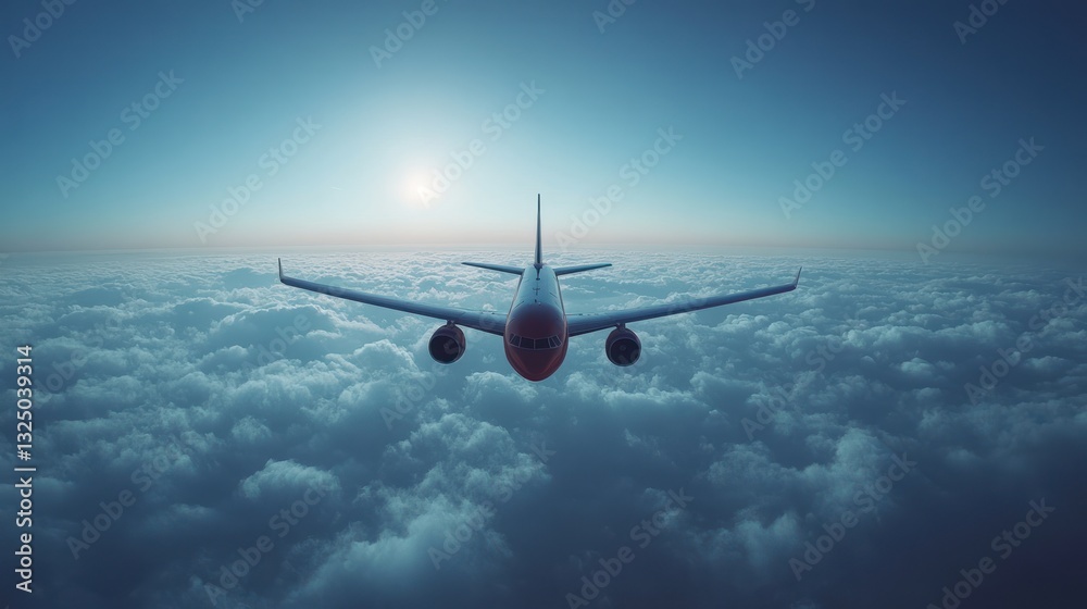 Fototapeta premium A commercial airplane flying above the clouds, clean blue sky