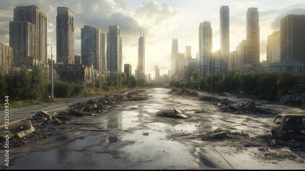 Fototapeta premium A post-apocalyptic urban landscape with overgrown vegetation and abandoned vehicles.