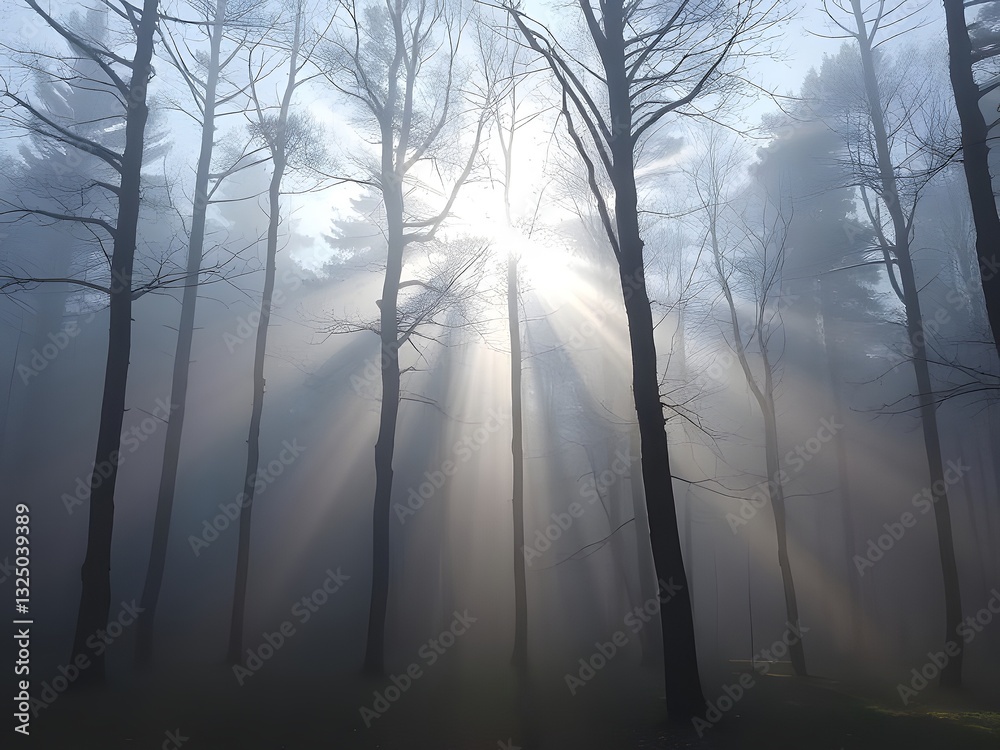 Obraz premium Sun rays piercing through foggy forest trees, creating an ethereal and natural landscape scenery