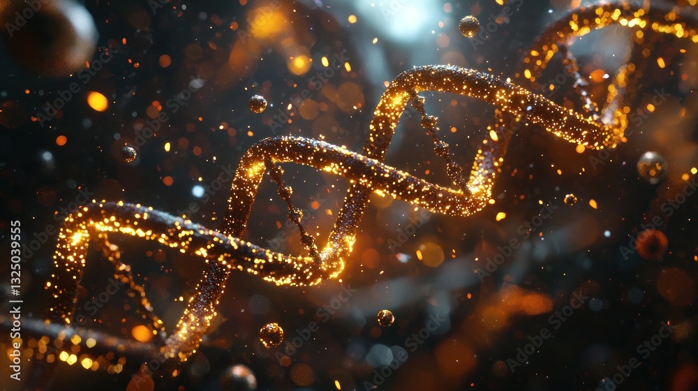 Glowing golden DNA helix in dark space. Glowing golden DNA helix in dark space.