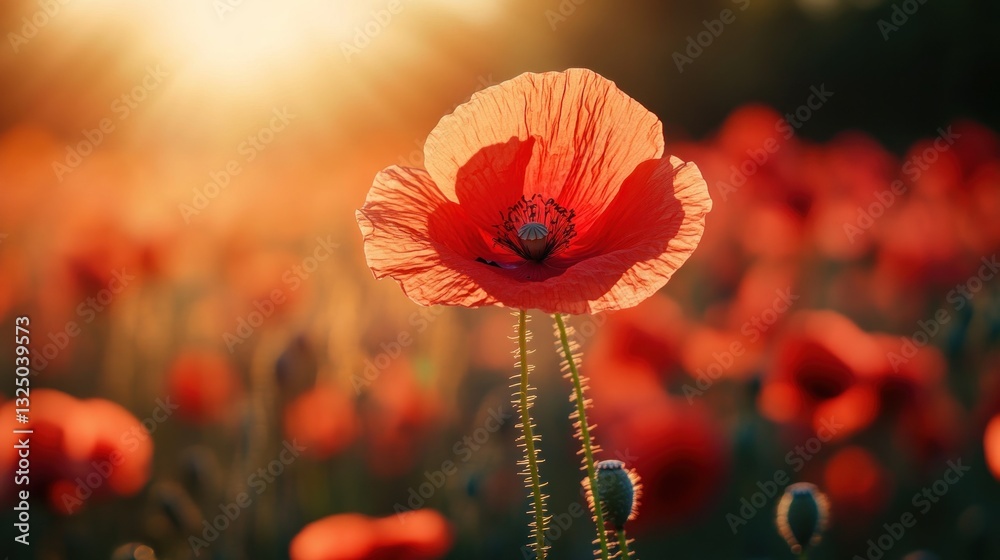 Sunrise poppy field, vibrant flower Sunrise poppy field, vibrant flower