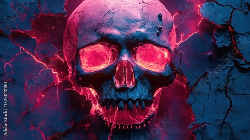 A cybernetic skull breaking through a metallic cracked wall, neon details
