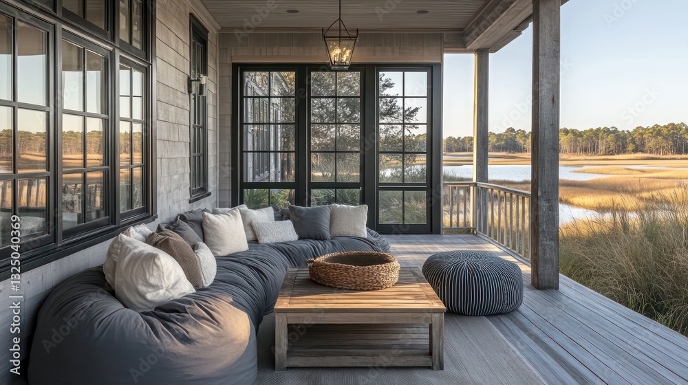 Fototapeta premium A rustic-modern farmhouse porch with furniture stained in driftwood gray and obsidian windows capturing the sprawling marshland