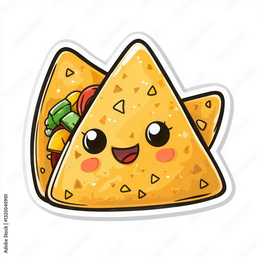 A cute cartoon illustration of a nacho, filled with delicious toppings. This cheerful image is perfect for menus, food blogs, or any project needing a fun, appetizing touch! A cute cartoon illustration of a nacho, filled with delicious toppings. This cheerful image is perfect for menus, food blogs, or any project needing a fun, appetizing touch!