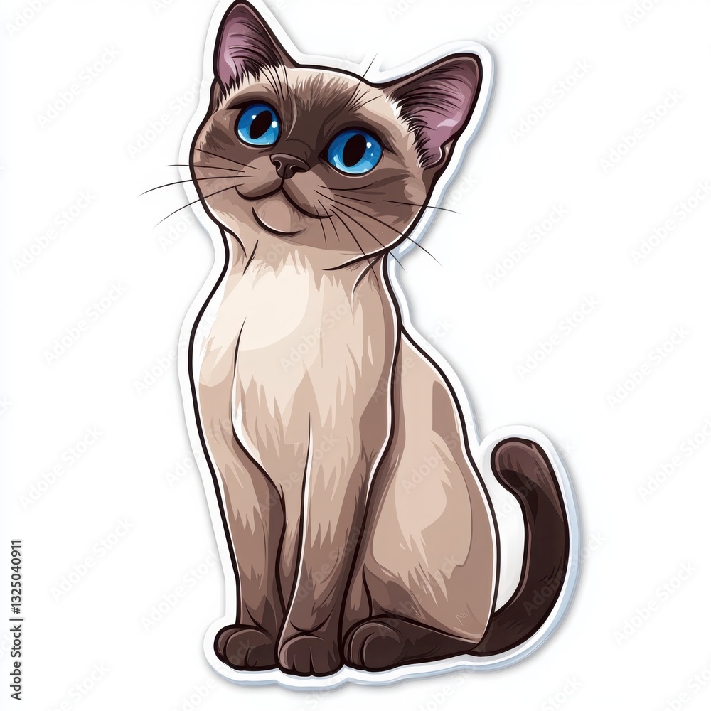 Obraz premium Adorable illustration of a Siamese cat, sitting and gazing upward with bright blue eyes. The creamy beige and light brown fur is beautifully detailed.