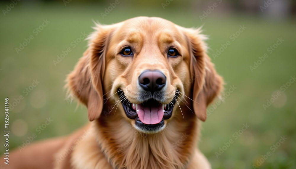 Golden retriever smiling in a green grassy field Golden retriever smiling in a green grassy field