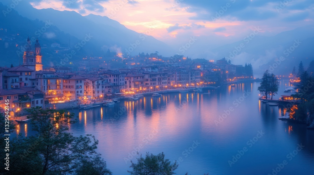 Naklejka premium Misty Italian Lakeside Town at Dusk