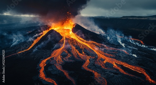 Fiery rivers of lava flow down the slopes of a volcano, creating a breathtaking, dramatic scene against a dark, stormy sky.