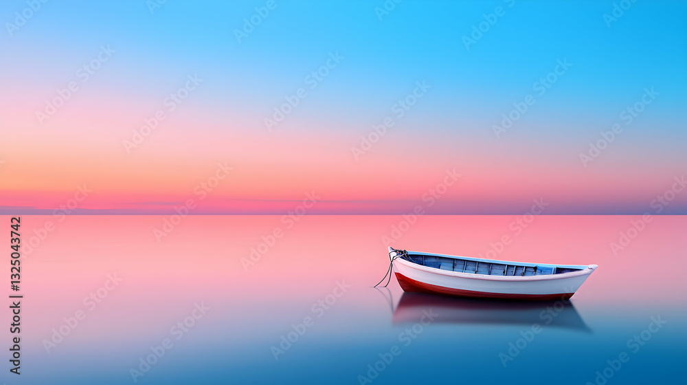 Retro Minimalist Wooden Boat at Sunset on Calm Ocean Retro Minimalist Wooden Boat at Sunset on Calm Ocean