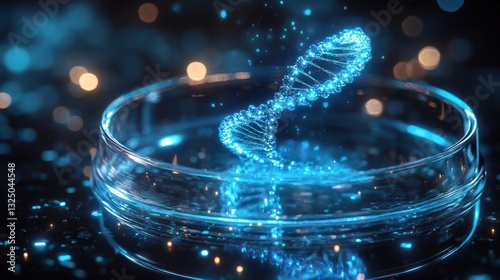 a DNA strand floating above a petri dish, glowing blue hue