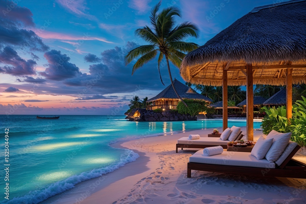 Obraz premium Refreshing Island Resort Experience with Heavenly Dusk Beach and Vibrant Ocean Ambiance