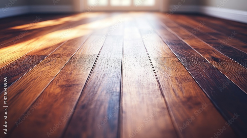 Wood flooring reflects sunlight streaming through window in bright, modern room Wood flooring reflects sunlight streaming through window in bright, modern room