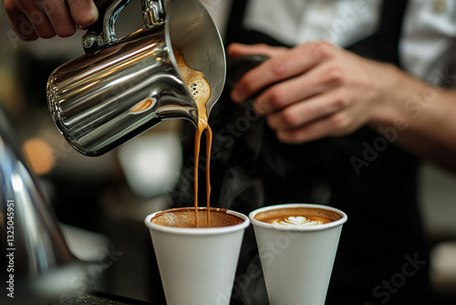 Barista pouring freshly brewed coffee into cups photo