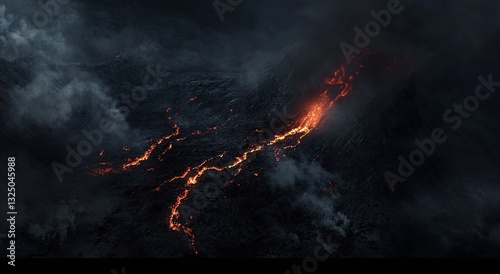 Molten lava flows down a dark volcanic mountainside, creating a dramatic and fiery scene.  The contrast between the glowing orange lava and the dark rock is striking.