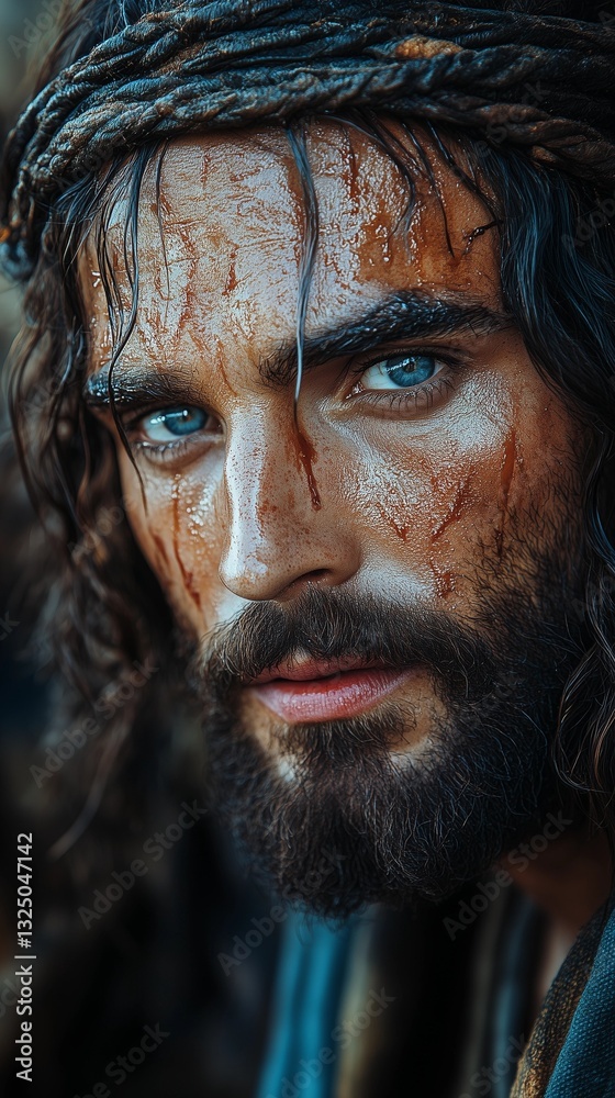 Close-up Portrait of a Christ Man with Facial Injuries Close-up Portrait of a Christ Man with Facial Injuries