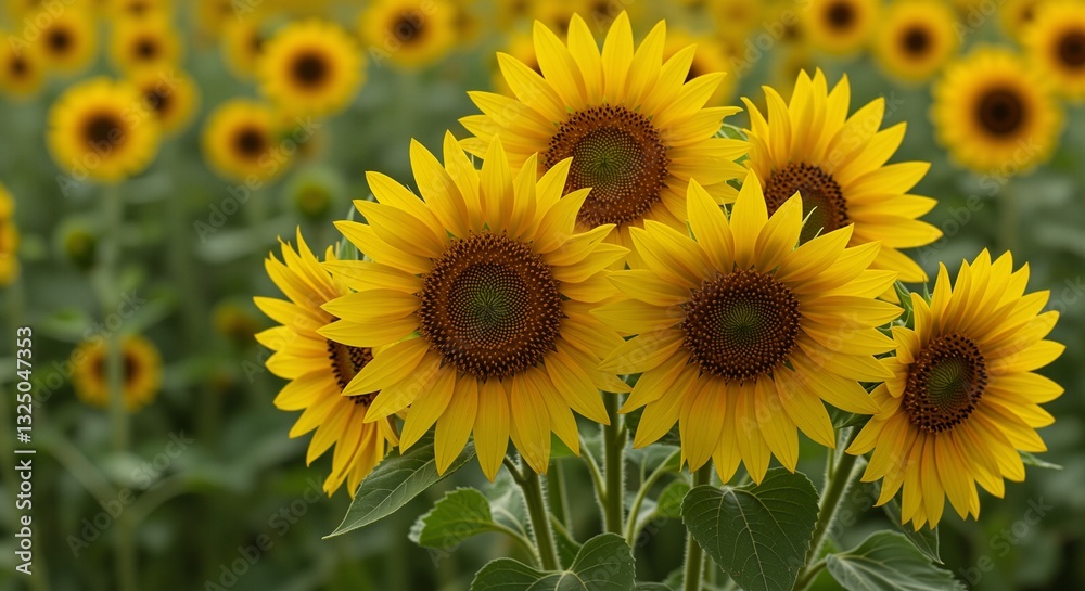 Sunflowers in Full Bloom Radiate Joy While Standing Tall Amidst a Lush Green Field Sunflowers in Full Bloom Radiate Joy While Standing Tall Amidst a Lush Green Field