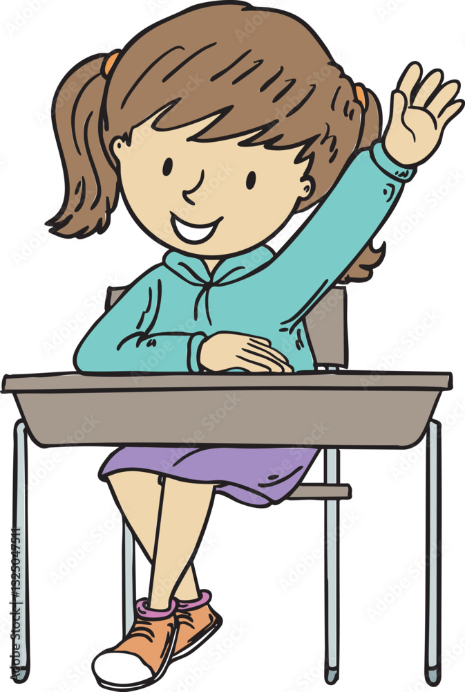 Hand-drawn illustration of a cheerful girl raising her hand in class, promoting student engagement and confidence. Perfect for educational resources, classroom materials, and learning content. Hand-drawn illustration of a cheerful girl raising her hand in class, promoting student engagement and confidence. Perfect for educational resources, classroom materials, and learning content.