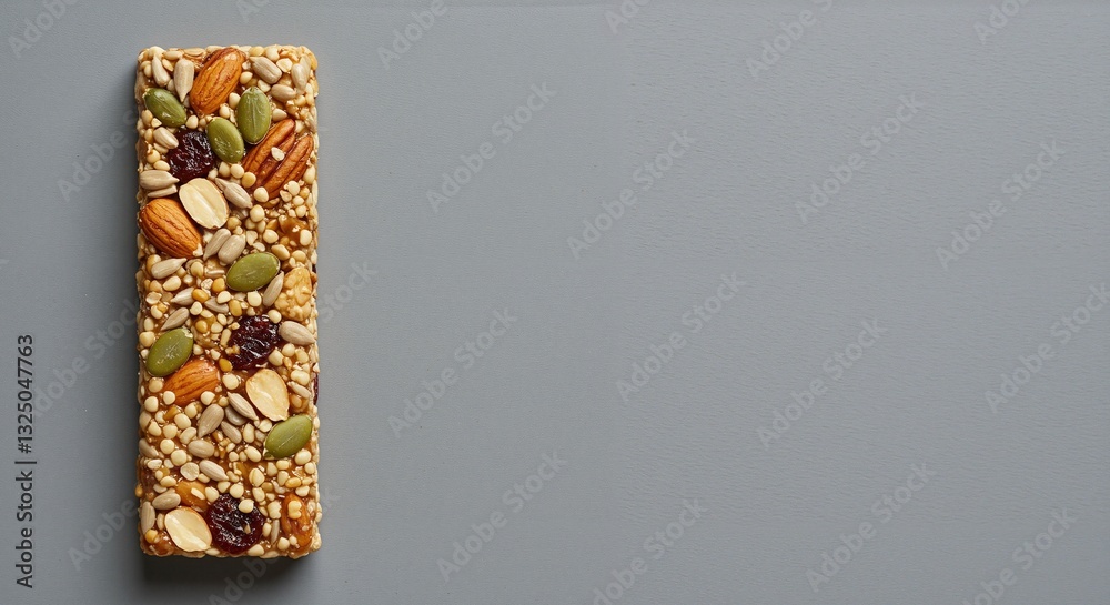 Nutritious energy bar filled with seeds and nuts showcasing a healthy lifestyle conveying vitality, balanced nutrition, and preparation for physical activities against a smooth gray background Nutritious energy bar filled with seeds and nuts showcasing a healthy lifestyle conveying vitality, balanced nutrition, and preparation for physical activities against a smooth gray background