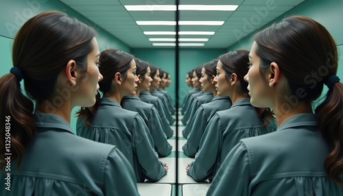 Person looking into mirror with infinite shifting reflections