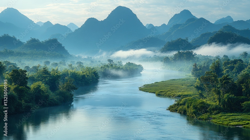 Misty river flowing through lush green valley with mountains Misty river flowing through lush green valley with mountains